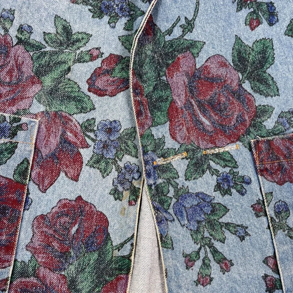JOUJOU Blazer Womens S Blue Denim Floral Vintage 80s Oversized Boxy Long Jacket - Picture 3 of 13